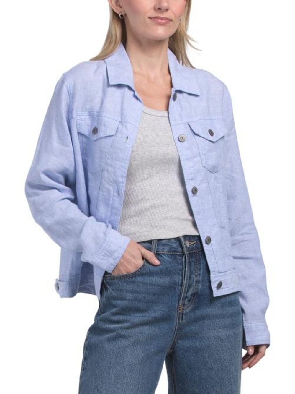 Jones New York 100% Linen Button Up Trucker Jacket Light Chambray Blue M
